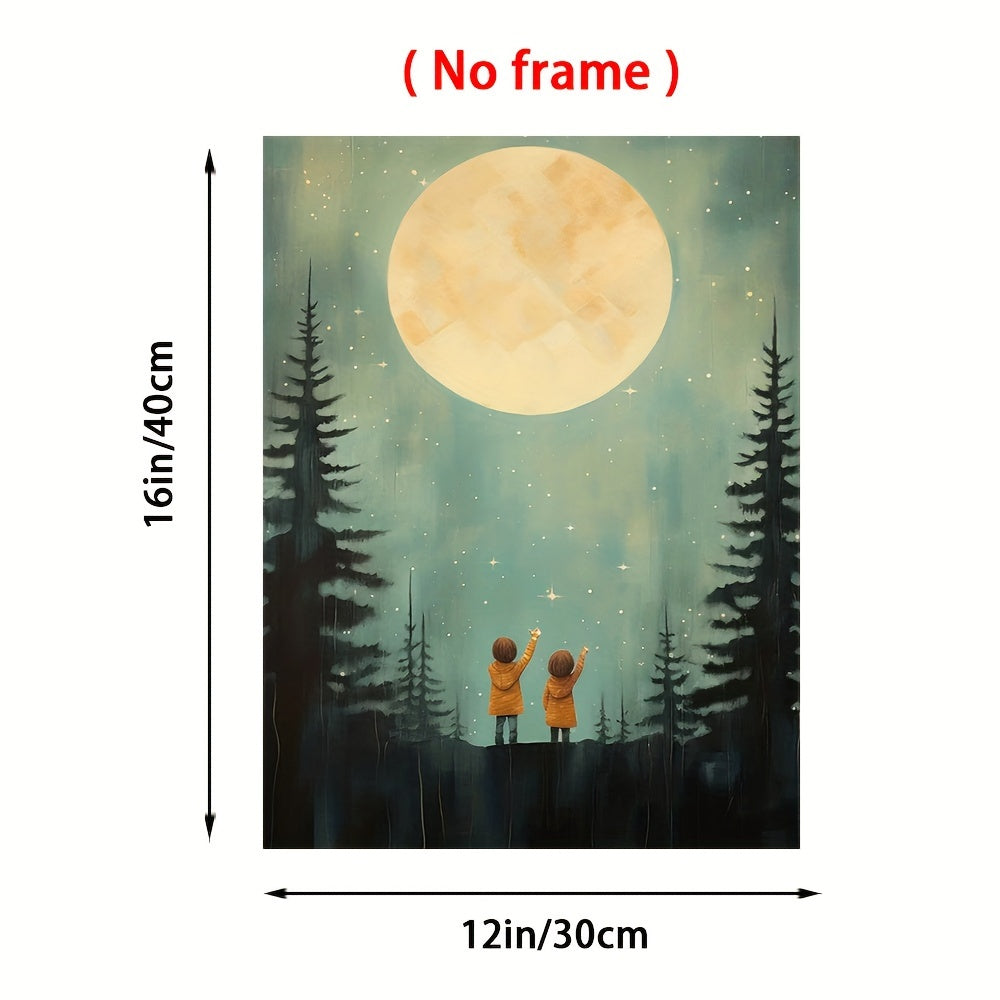 Starry Night Adventure 30.48X40.64cm Frameless Canvas Art - Siblings & Forest Stars Print For Kids' Room, Fun Wall Decor For Home, Bedroom, Living Room, Bathroom, Office, And Cafe