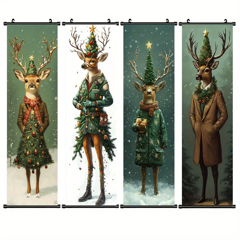 Modern Christmas Tree & Reindeer Canvas Wall Art