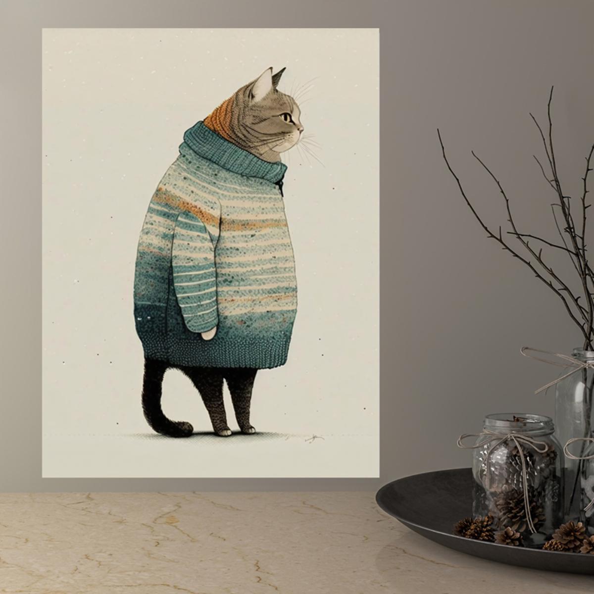 1pc Canvas Poster, Fat Gray Cat In Sweater Poster