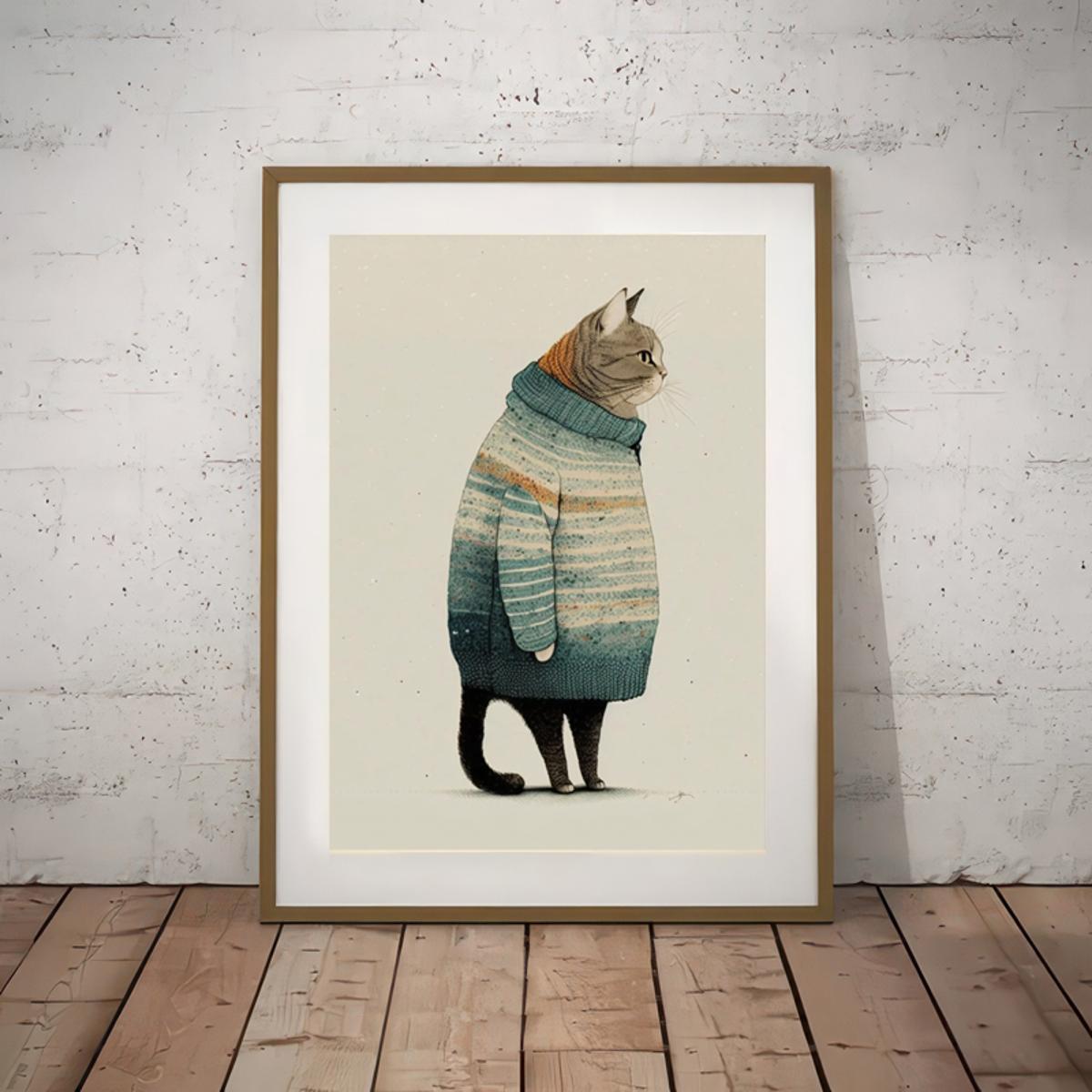 1pc Canvas Poster, Fat Gray Cat In Sweater Poster