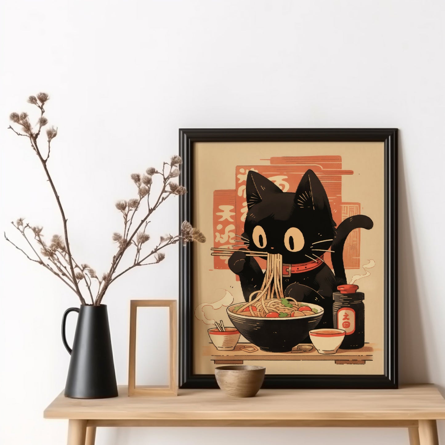 Unframed Noodle Eating Black Cat Poster,