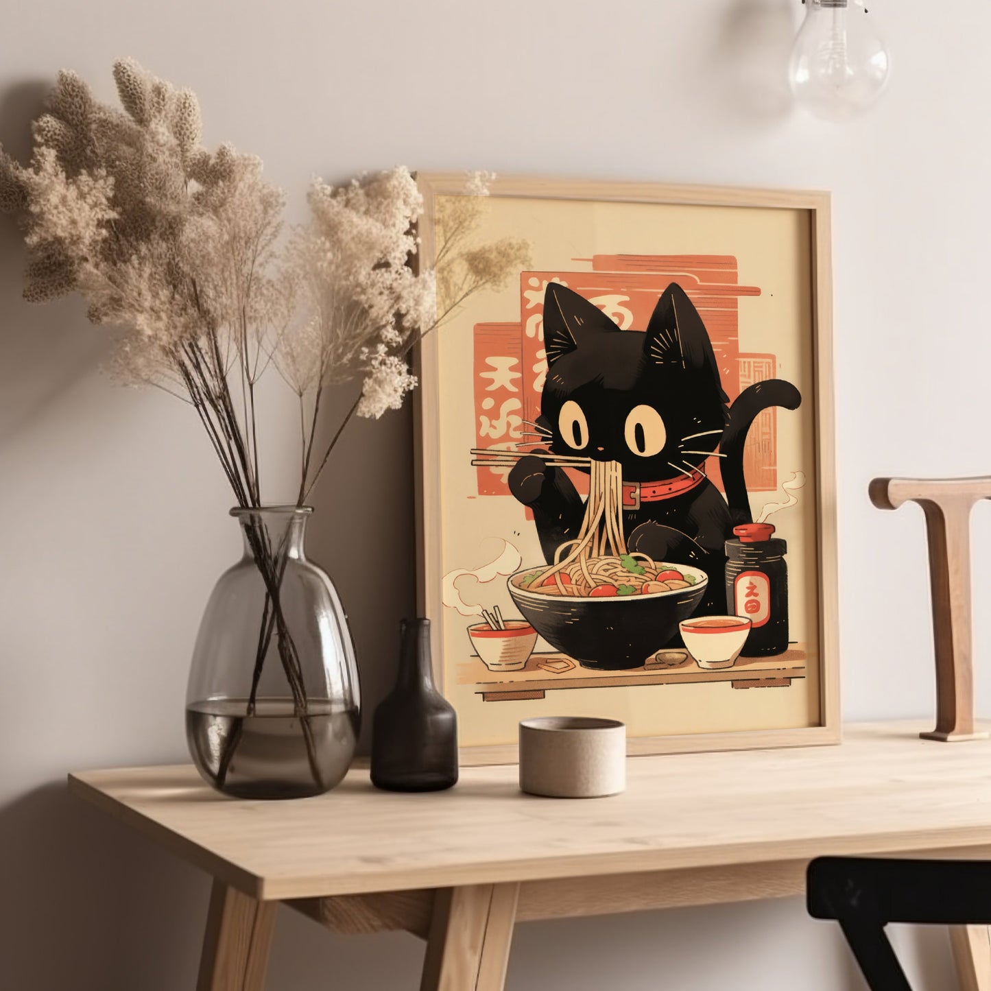 Unframed Noodle Eating Black Cat Poster,