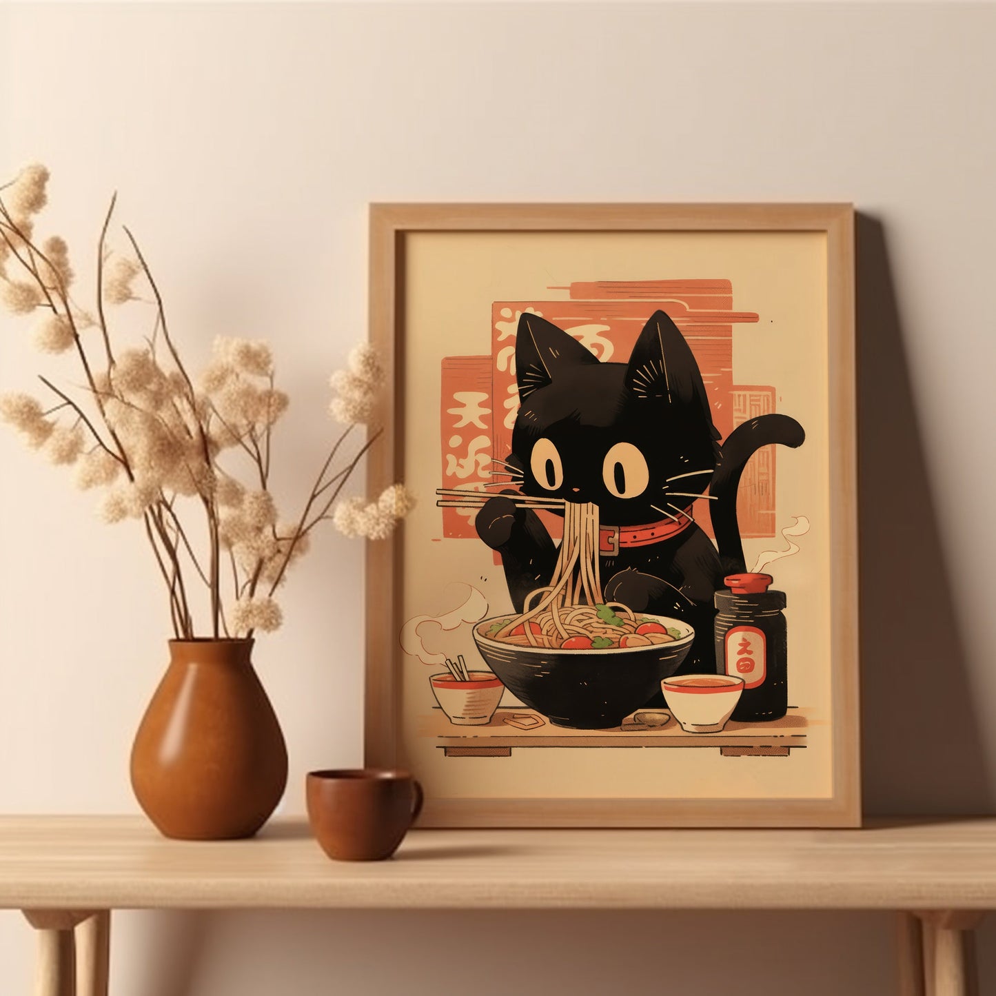 Unframed Noodle Eating Black Cat Poster,