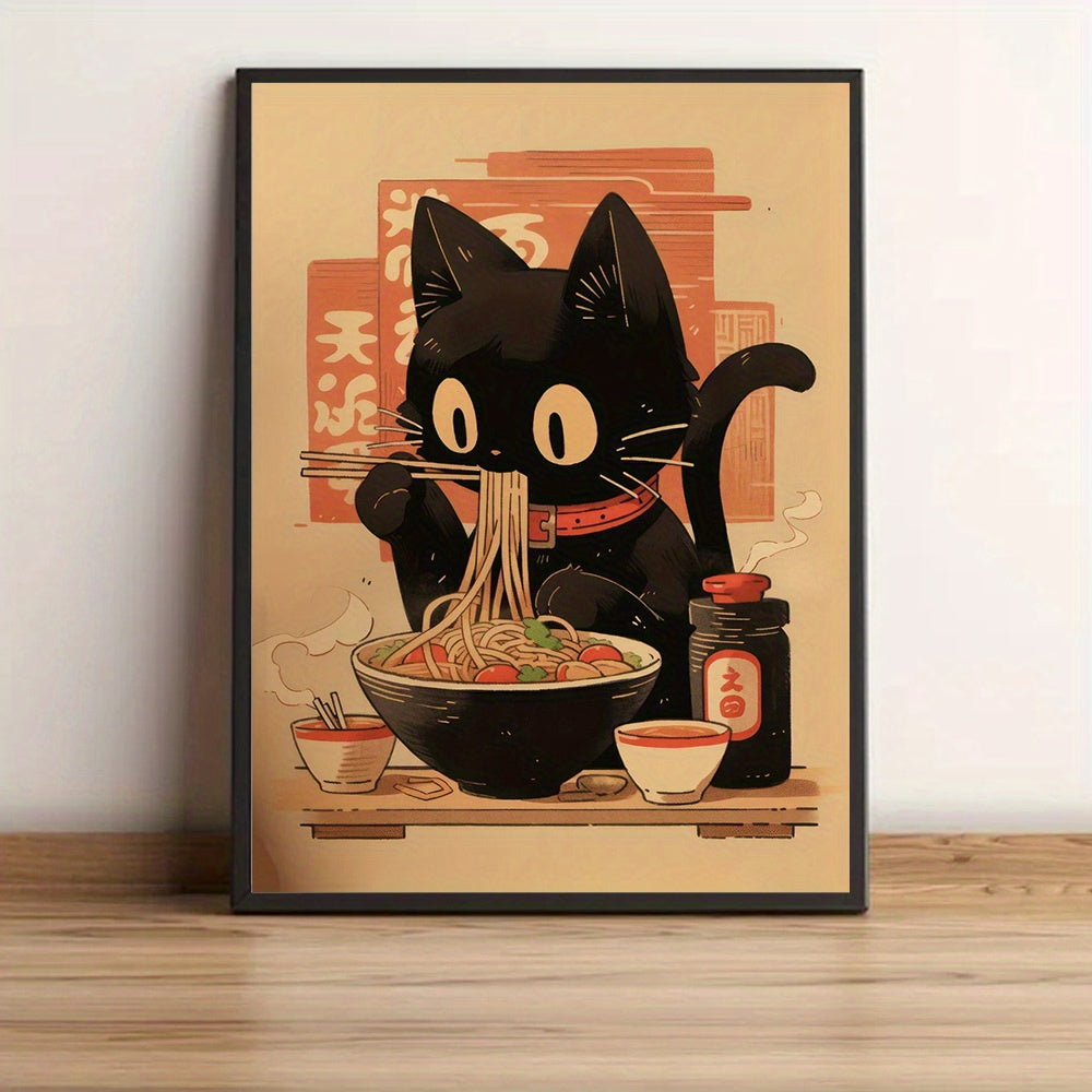 Unframed Noodle Eating Black Cat Poster,