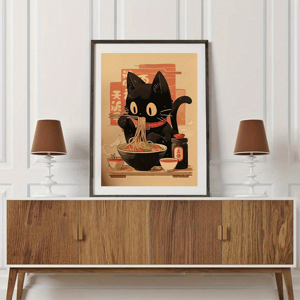 Unframed Noodle Eating Black Cat Poster,