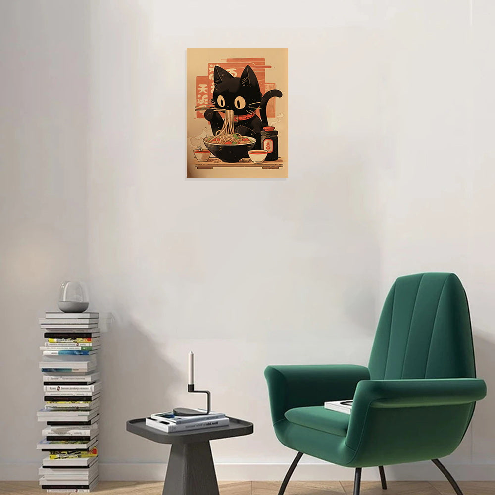 Unframed Noodle Eating Black Cat Poster,