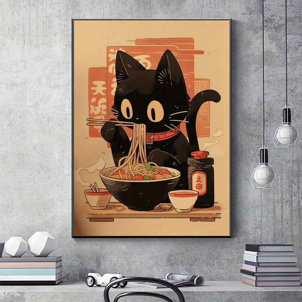 Unframed Noodle Eating Black Cat Poster,