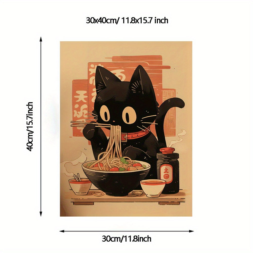 Unframed Noodle Eating Black Cat Poster,