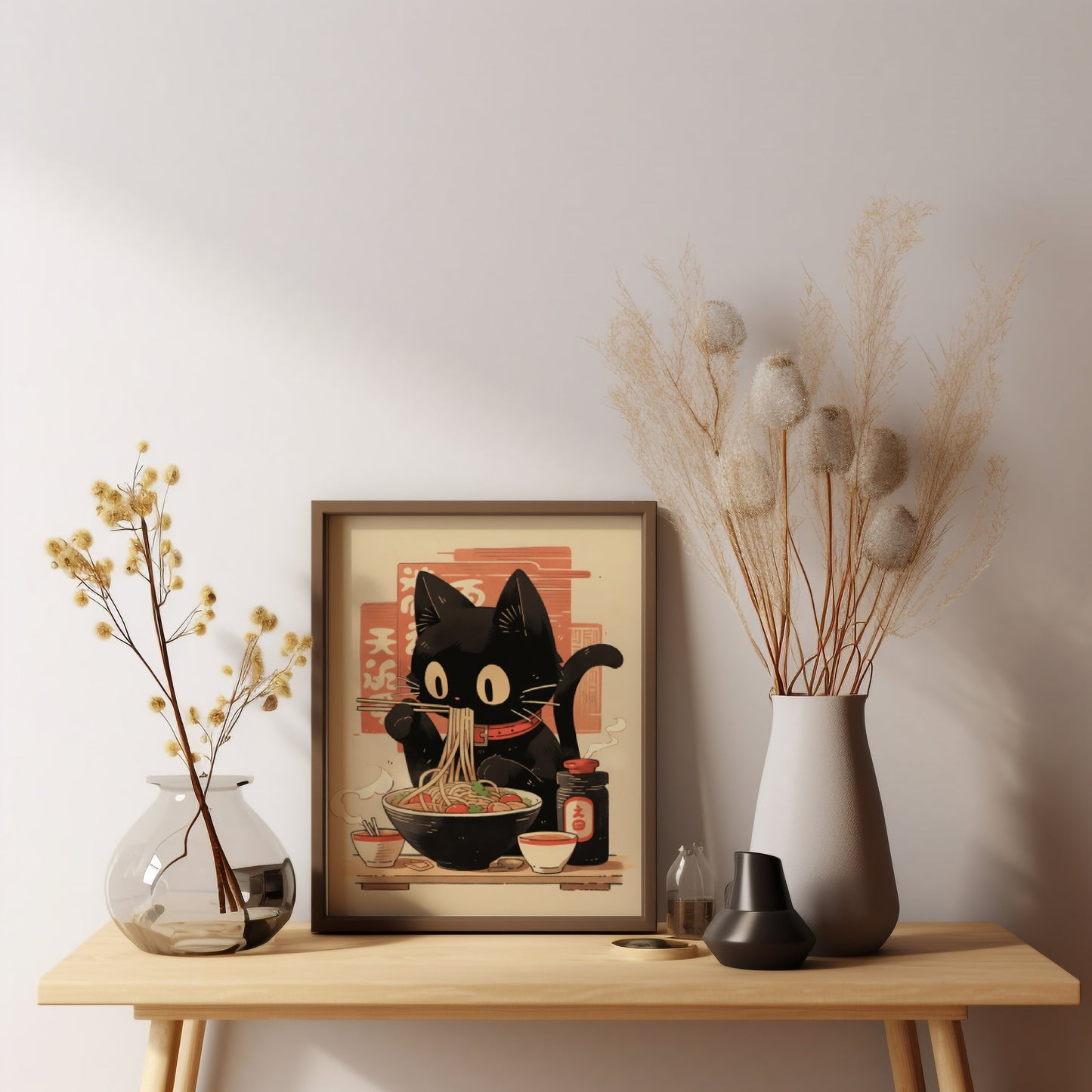 Unframed Noodle Eating Black Cat Poster,