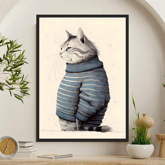 Whimsical Cat in Sweater Canvas Art Print Poster, Minimalist Feline Wall Art Decor for Home