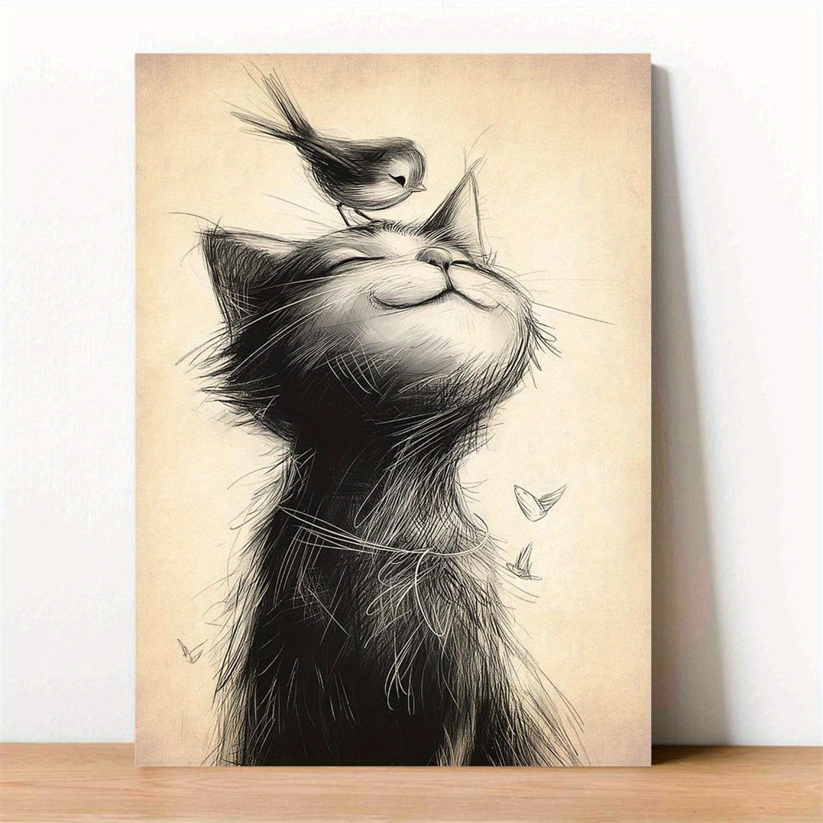 Modern Cat & Bird Canvas Poster