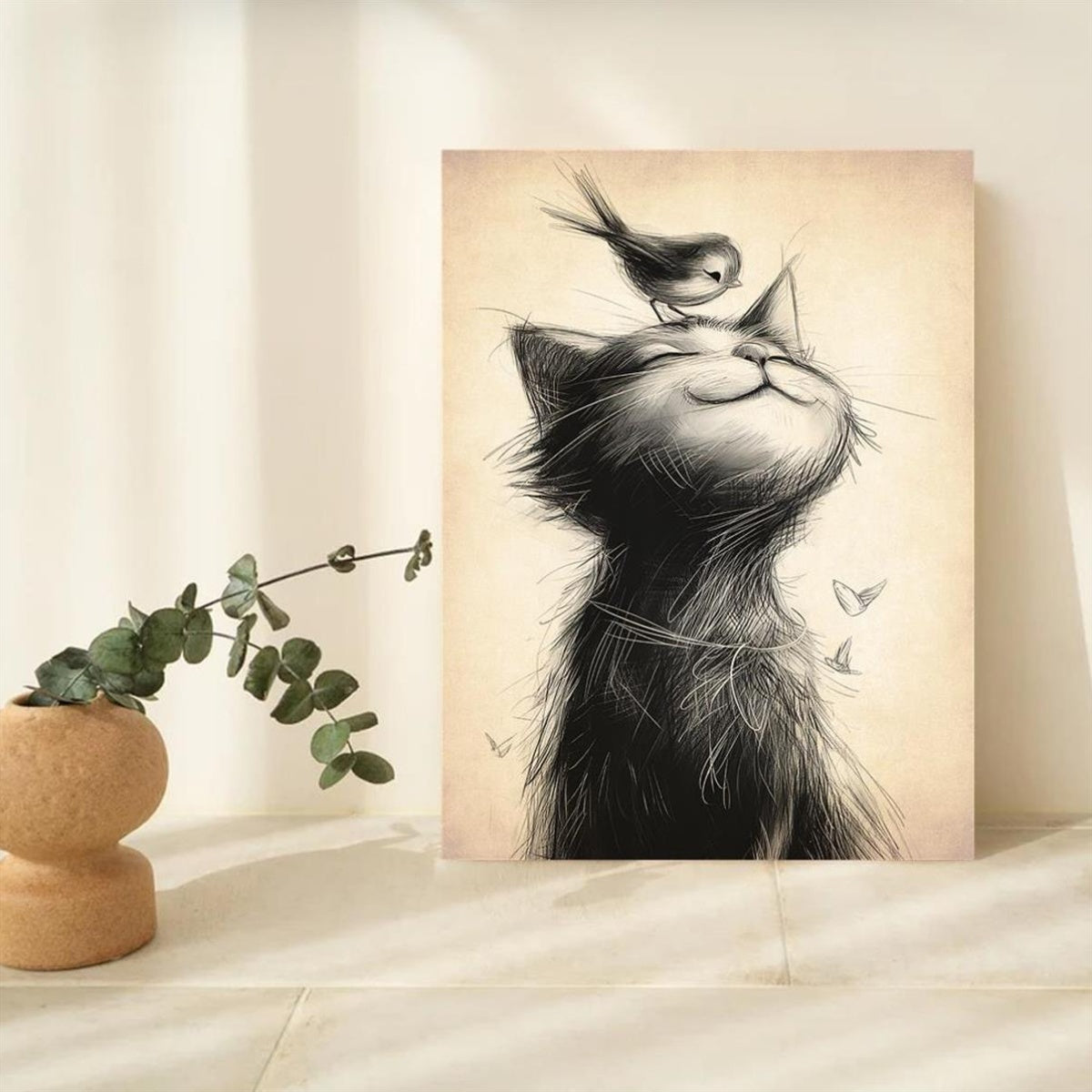 Modern Cat & Bird Canvas Poster