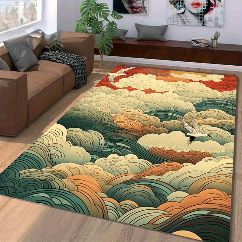 Vintage Style Cloud and Bird Print Area Rug, High-Density Polyester Rectangular Carpet for Living Room