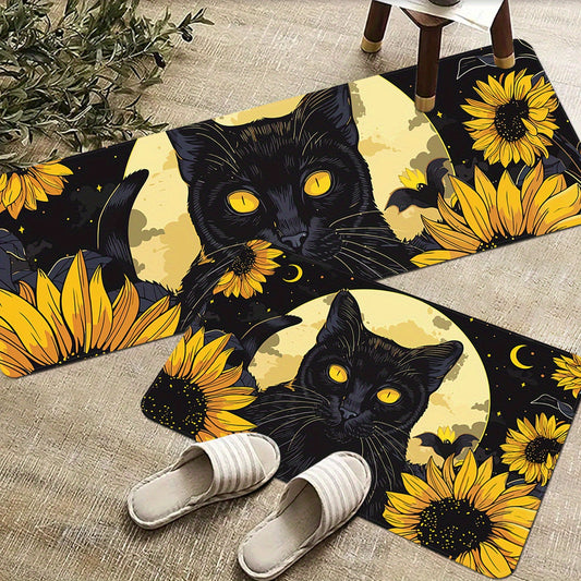 Sunflower Black Cat Kitchen Rug, Non-Slip Polyester Mat for Indoor Outdoor