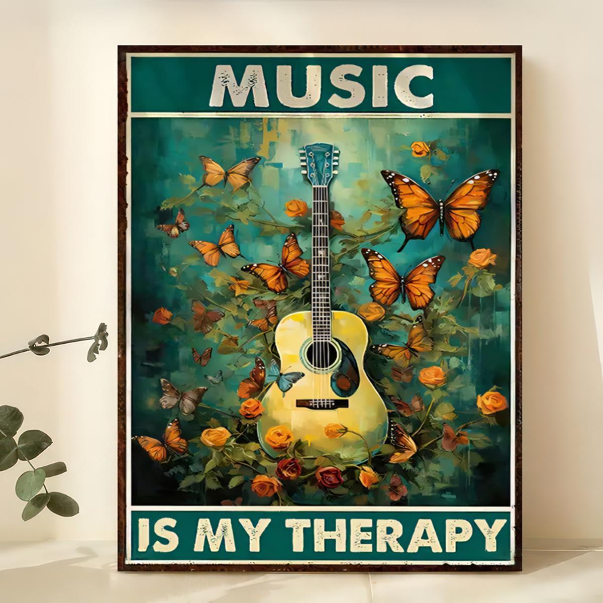 Music Is My Therapy Guitar and Butterflies Art Print