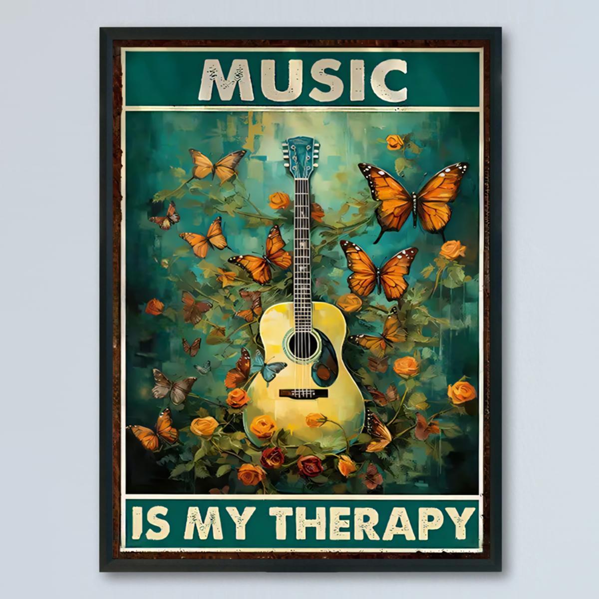 Music Is My Therapy Guitar and Butterflies Art Print