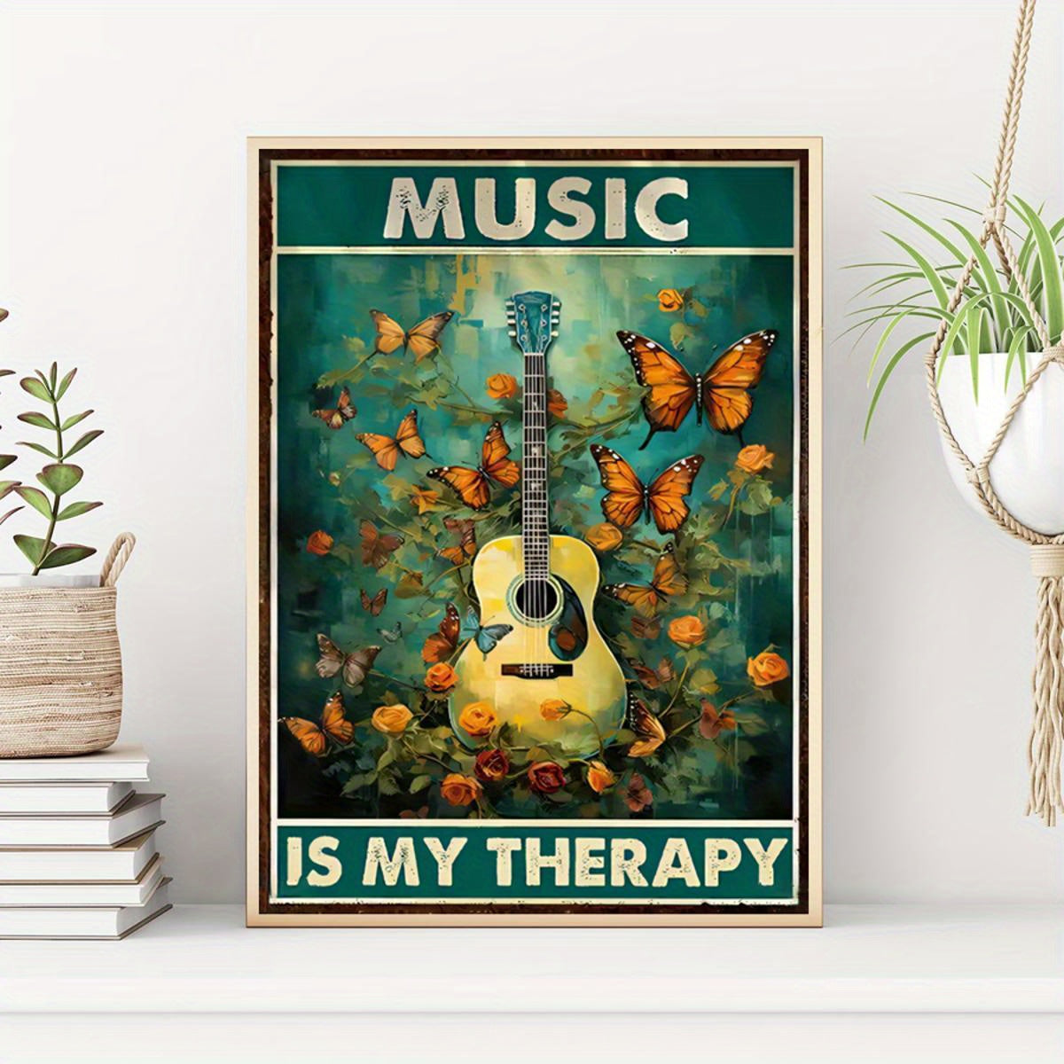 Music Is My Therapy Guitar and Butterflies Art Print