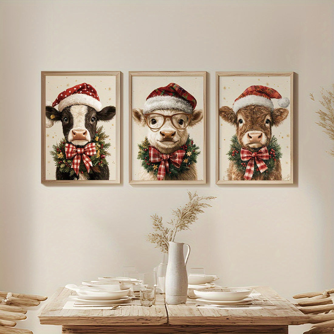 3-Piece Set Christmas Cow Canvas Wall Art Prints