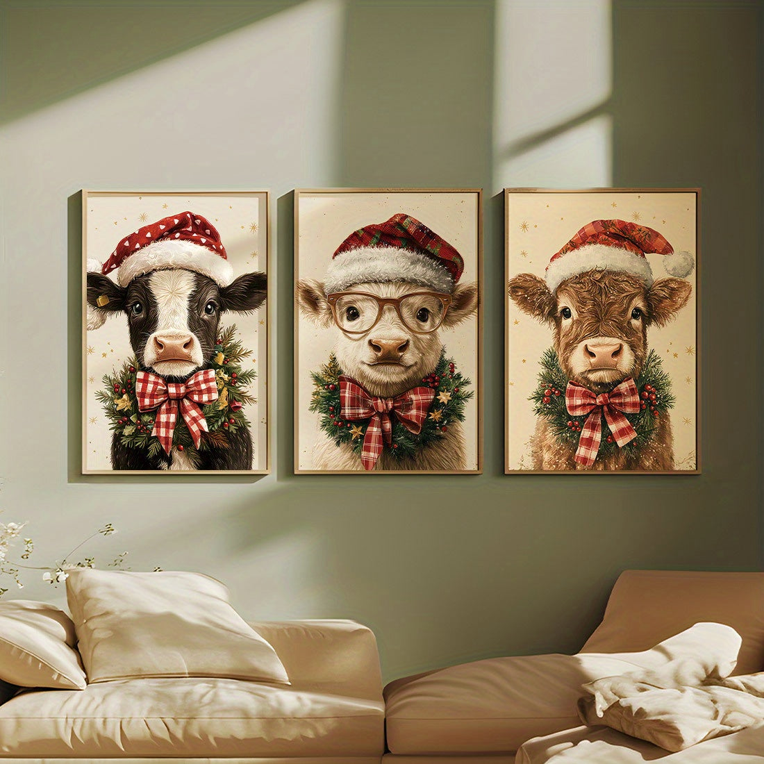 3-Piece Set Christmas Cow Canvas Wall Art Prints