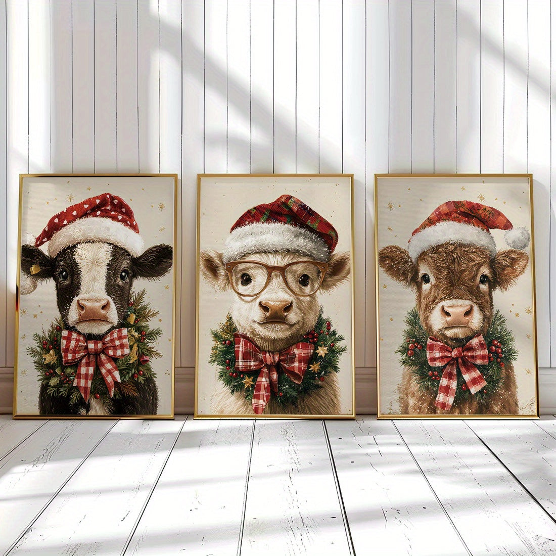 3-Piece Set Christmas Cow Canvas Wall Art Prints