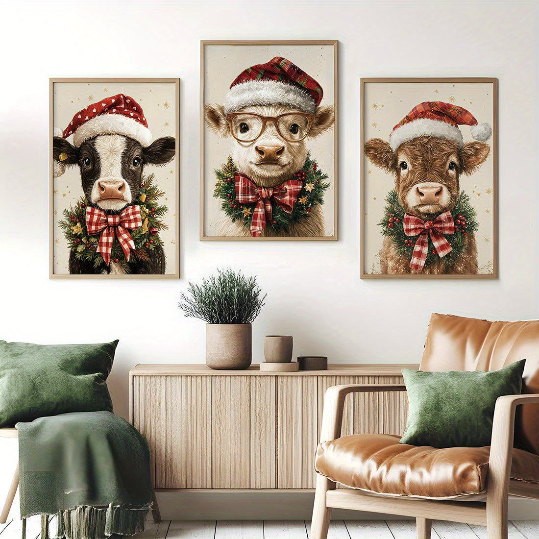 3-Piece Set Christmas Cow Canvas Wall Art Prints