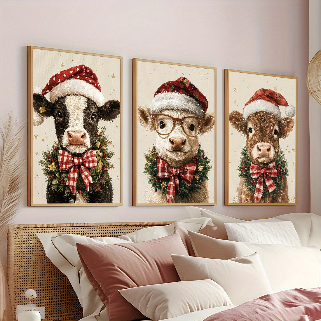 3-Piece Set Christmas Cow Canvas Wall Art Prints