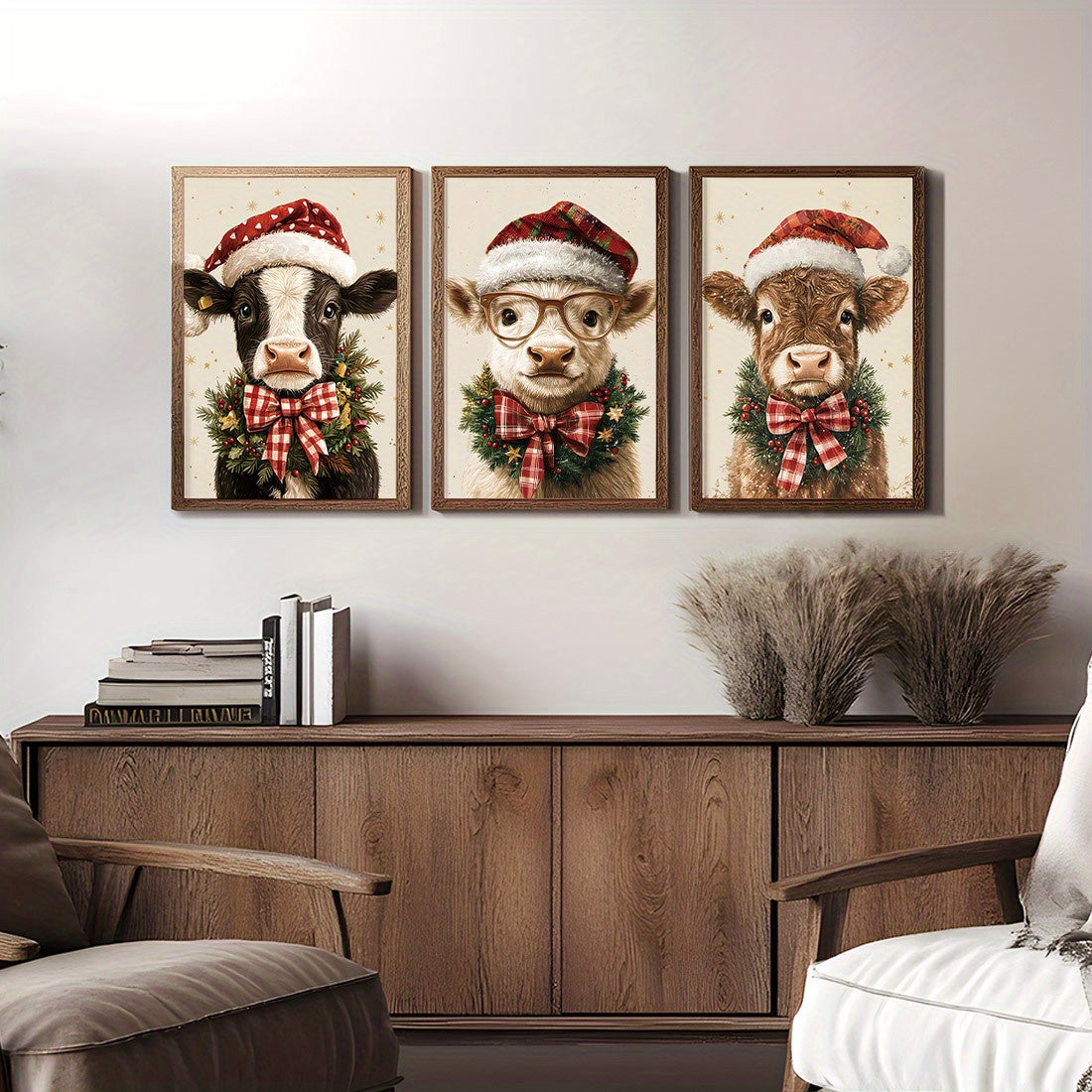 3-Piece Set Christmas Cow Canvas Wall Art Prints