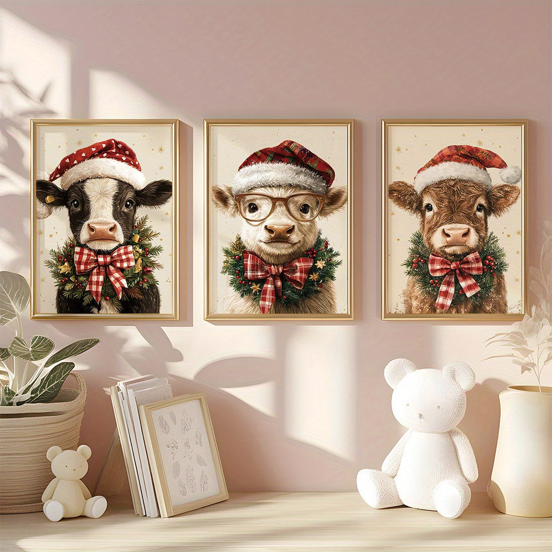 3-Piece Set Christmas Cow Canvas Wall Art Prints