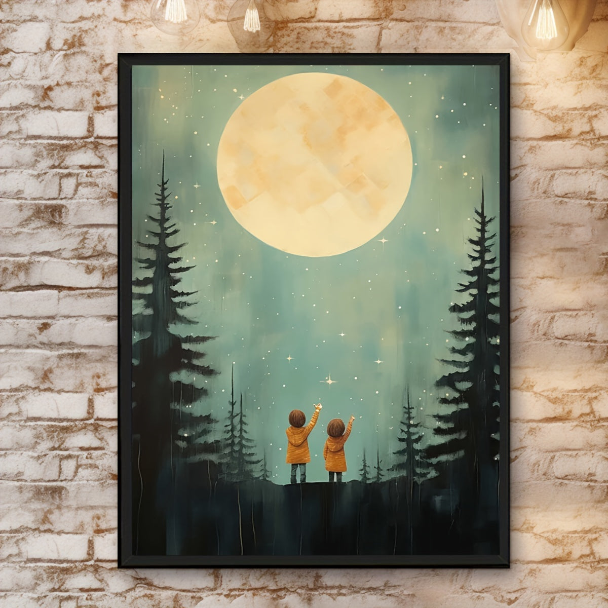 Starry Night Adventure 30.48X40.64cm Frameless Canvas Art - Siblings & Forest Stars Print For Kids' Room, Fun Wall Decor For Home, Bedroom, Living Room, Bathroom, Office, And Cafe