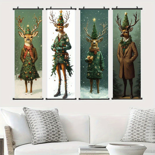 Modern Christmas Tree & Reindeer Canvas Wall Art