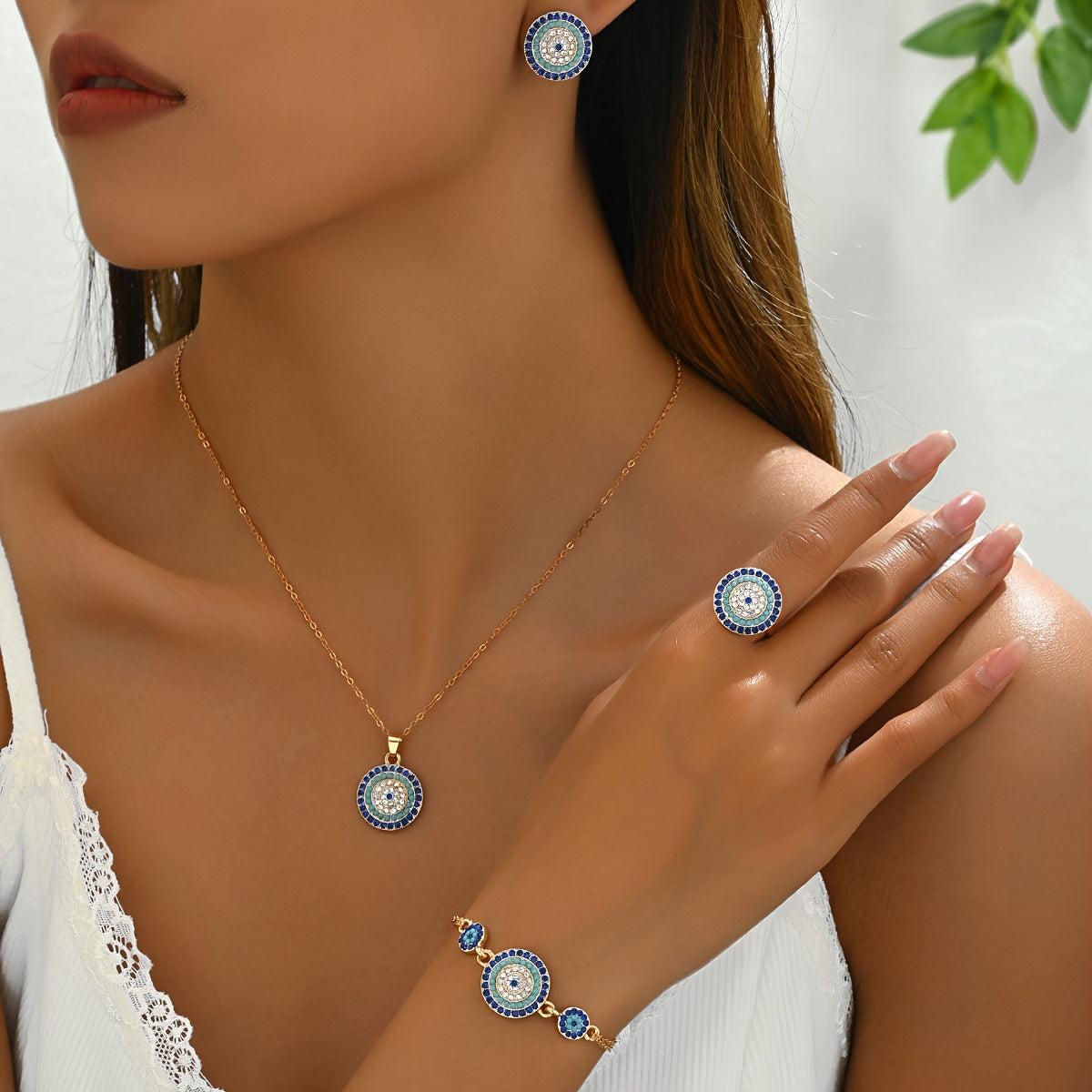 Boho-Chic 4pcs Turquoise Flower Jewelry Set for Women - Includes Necklace, Bracelet, Earrings & Ring with Zircon Accents