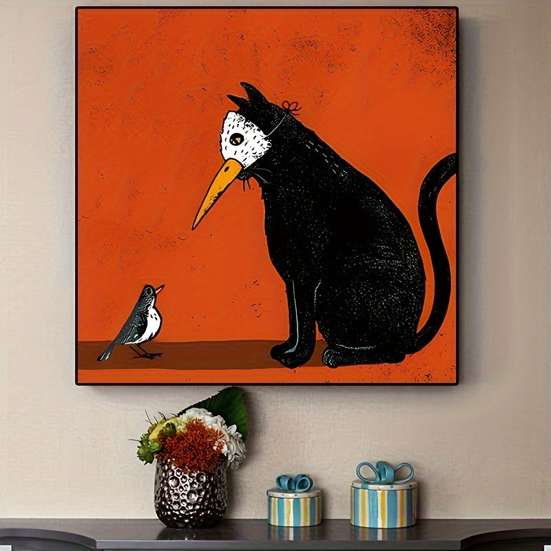 1pc Unframed Canvas Poster, Artistic Vintage Cat & Bird Painting,