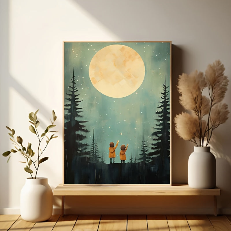 Starry Night Adventure 30.48X40.64cm Frameless Canvas Art - Siblings & Forest Stars Print For Kids' Room, Fun Wall Decor For Home, Bedroom, Living Room, Bathroom, Office, And Cafe