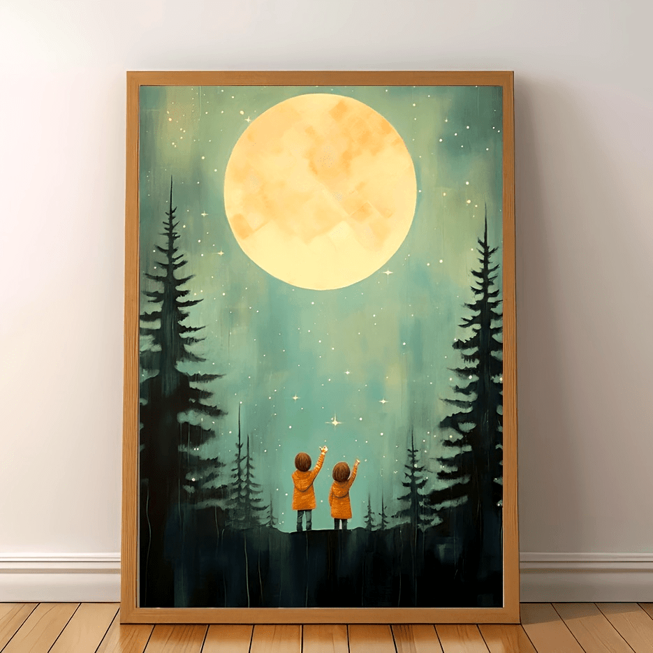 Starry Night Adventure 30.48X40.64cm Frameless Canvas Art - Siblings & Forest Stars Print For Kids' Room, Fun Wall Decor For Home, Bedroom, Living Room, Bathroom, Office, And Cafe