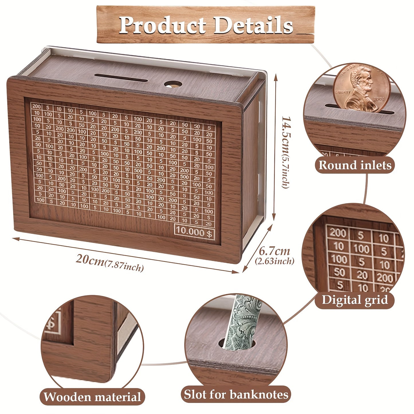 Premium Wooden Coin Bank with Digital Counter - Holds Up to $10,000