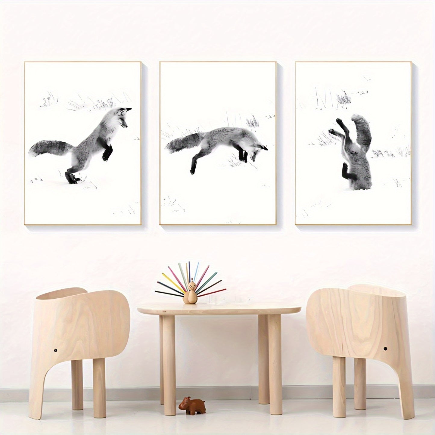 3 Christmas Snow Winter Fox Black And White Mural