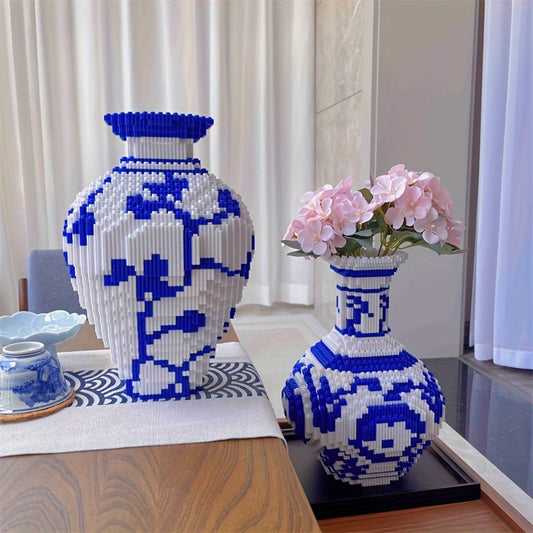 4000-Piece Blue & White Porcelain Vase Building Set With Faux Flowers