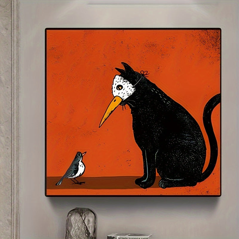 1pc Unframed Canvas Poster, Artistic Vintage Cat & Bird Painting,