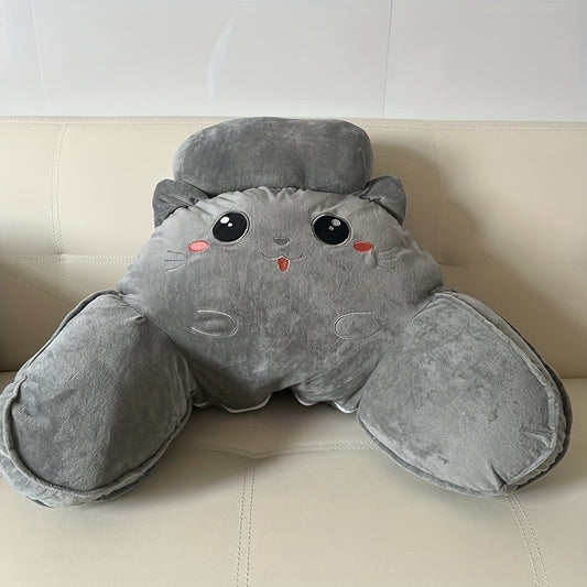 Ergonomic Gray Cat Plush Pillow for Reading and Sleeping