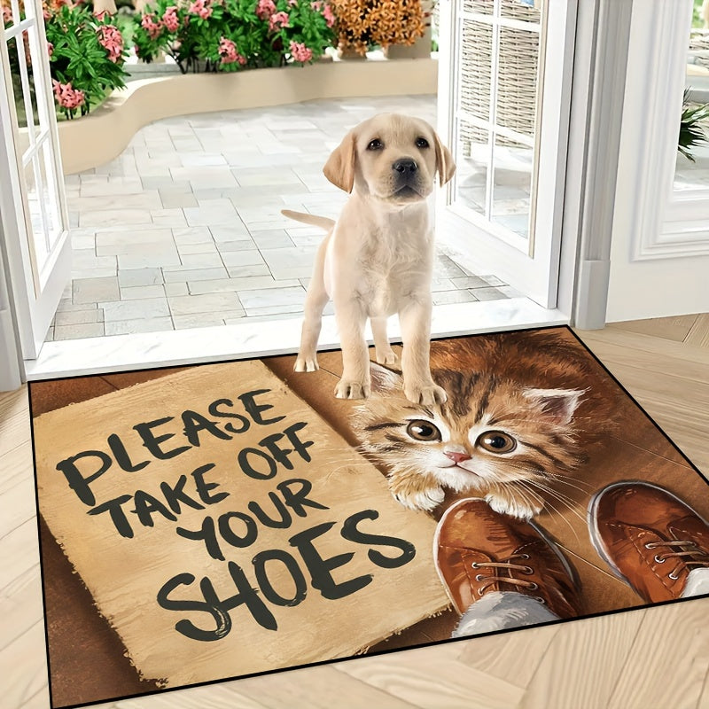 Cute Cat Design Polyester Doormat 1pc, Machine Washable Non-Slip Indoor Outdoor Mat