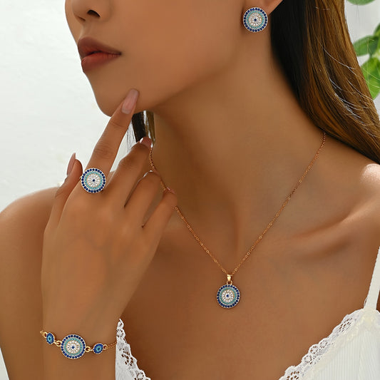 Boho-Chic 4pcs Turquoise Flower Jewelry Set for Women - Includes Necklace, Bracelet, Earrings & Ring with Zircon Accents