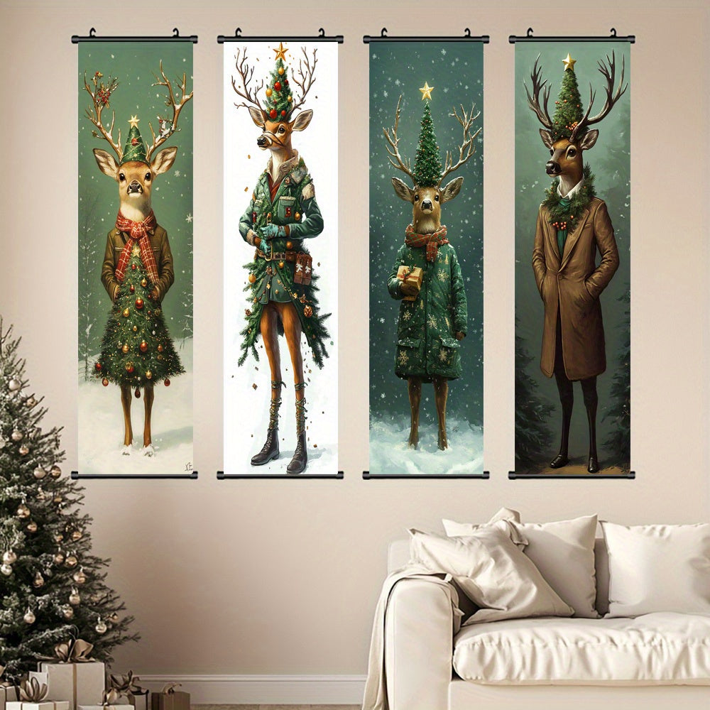 Modern Christmas Tree & Reindeer Canvas Wall Art