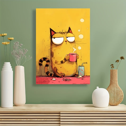 1pc Canvas Wall Art Print - Yellow Cat with Coffee Cartoon Poster - Modern Animal Artwork for Home, Living Room, Bedroom, Cafe, and Kitchen Decor - Frameless Friend Gift