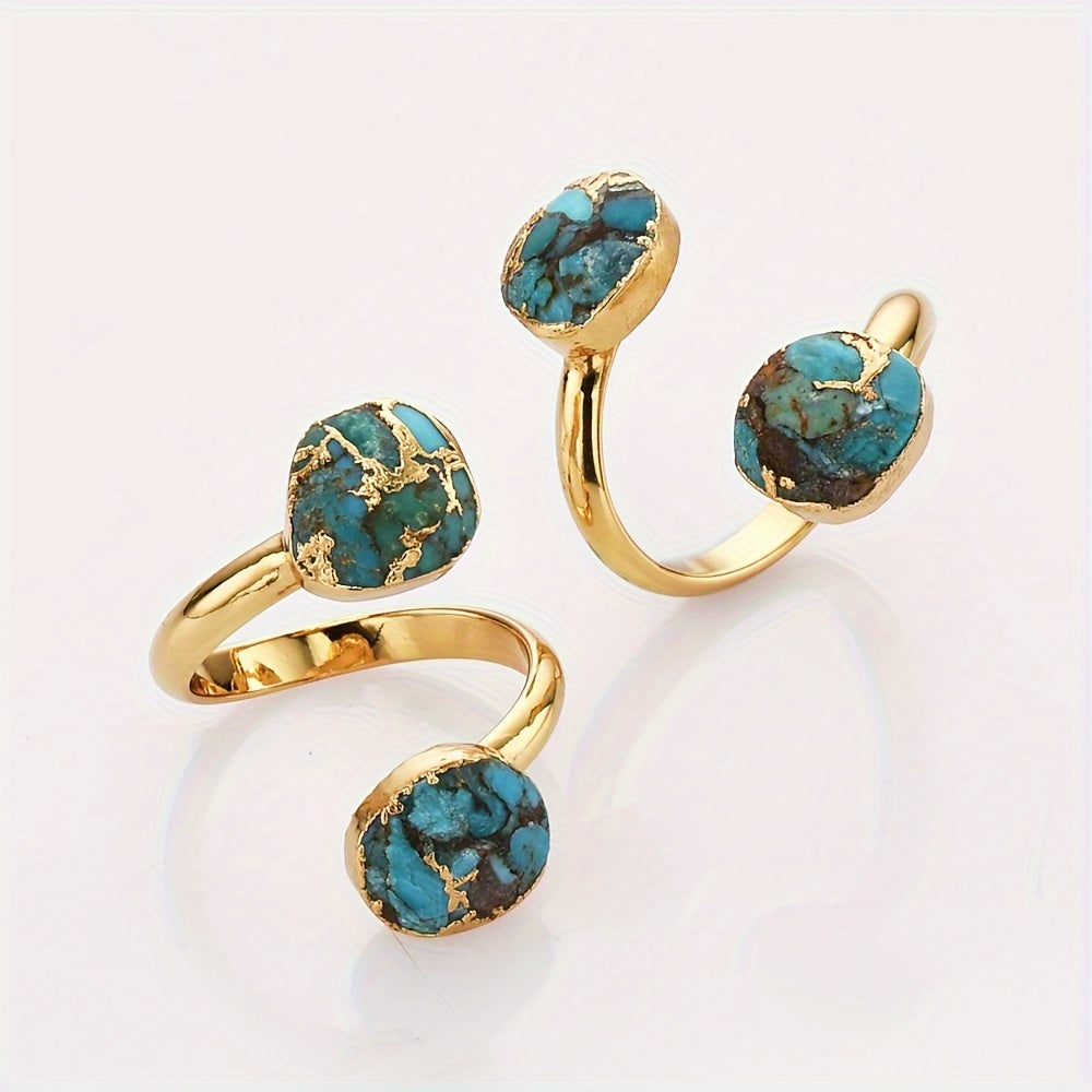 Bohemian Style Gold-Plated Copper Turquoise Double Stone Ring