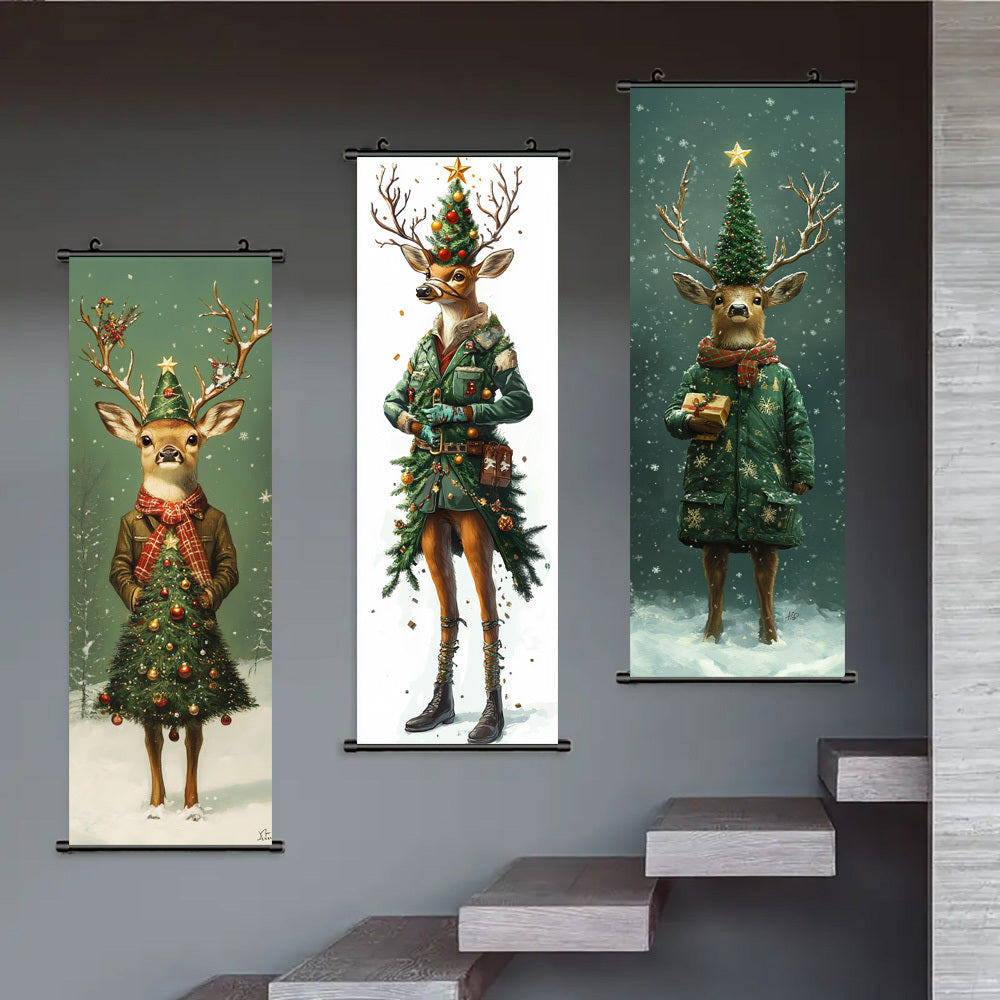 Modern Christmas Tree & Reindeer Canvas Wall Art