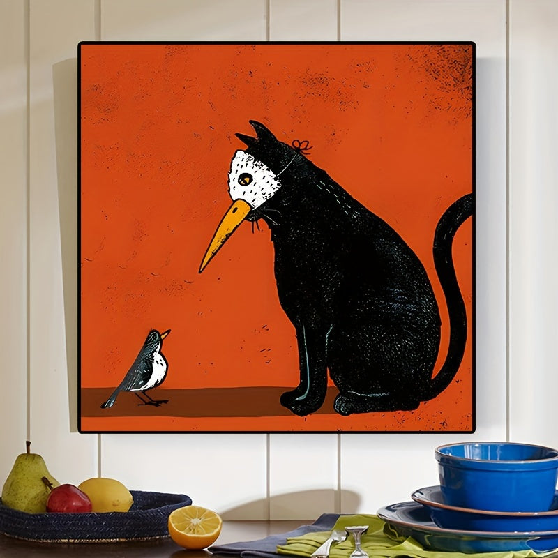 1pc Unframed Canvas Poster, Artistic Vintage Cat & Bird Painting,