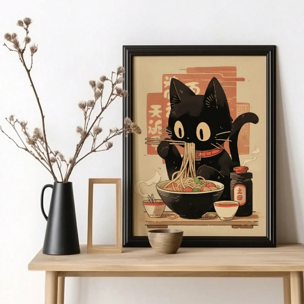 1 Pc, Unframed Canvas Print Painting Poster, Japanese Cartoon Anime Art, Cute Cat, Noodle, Room Home Decor Stuff, Wall Art