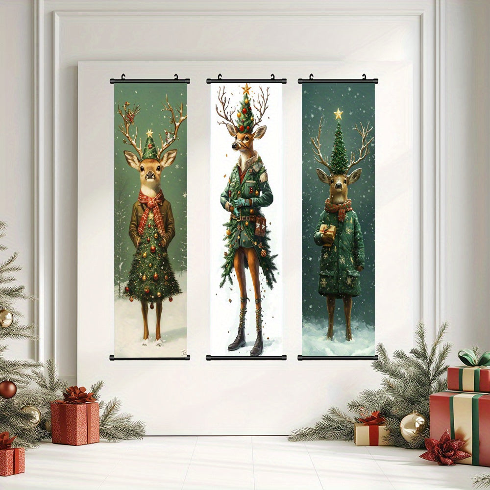 Modern Christmas Tree & Reindeer Canvas Wall Art