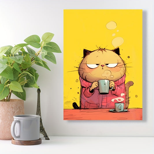 Charming Yellow Cat with Coffee Canvas Art Print