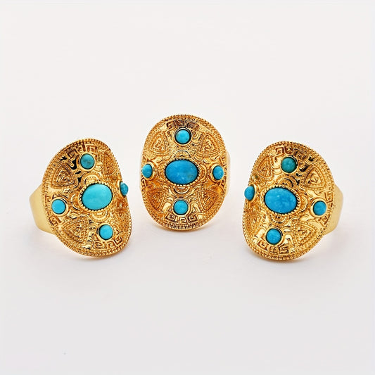 Vintage Bohemian Style Golden Plated Ring with Natural Turquoise Stones